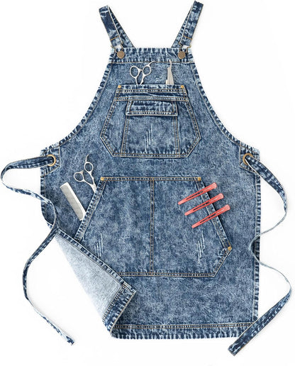 - Cotton Denim Apron with Pockets for Men - Jean Apron for Hairstylis Cross Straps & Adjustable L to XXL (Denim Blue)