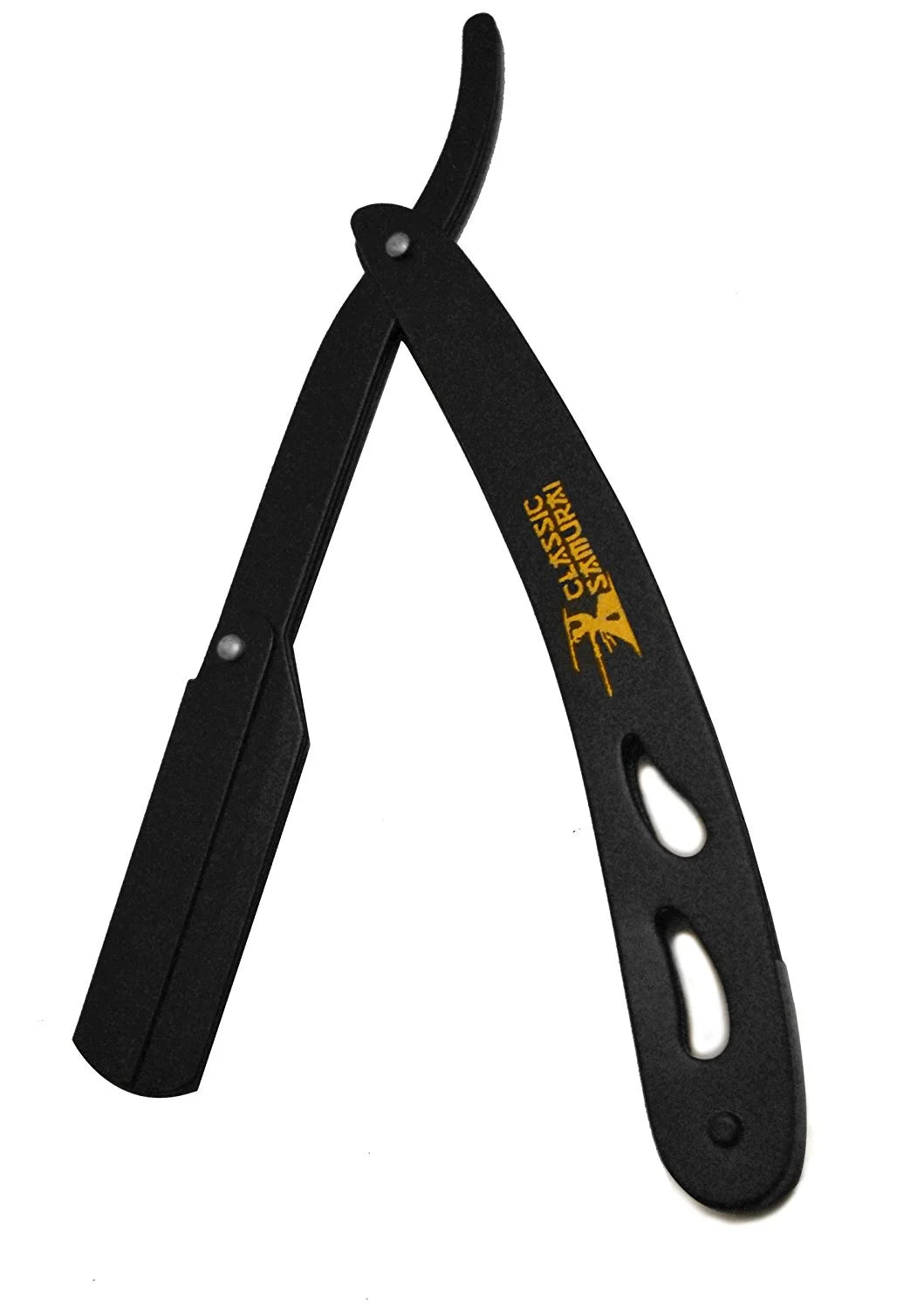 CS-102 Matte Black Folding Professional Straight Razor, Shavette, W/ 100 Count Shark Single Edge Blades