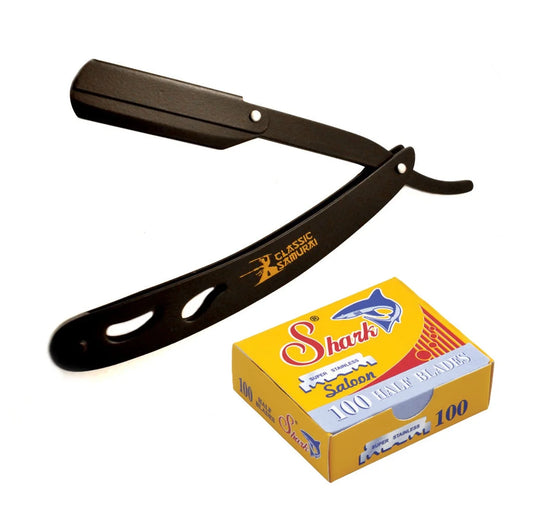 CS-102 Matte Black Folding Professional Straight Razor, Shavette, W/ 100 Count Shark Single Edge Blades