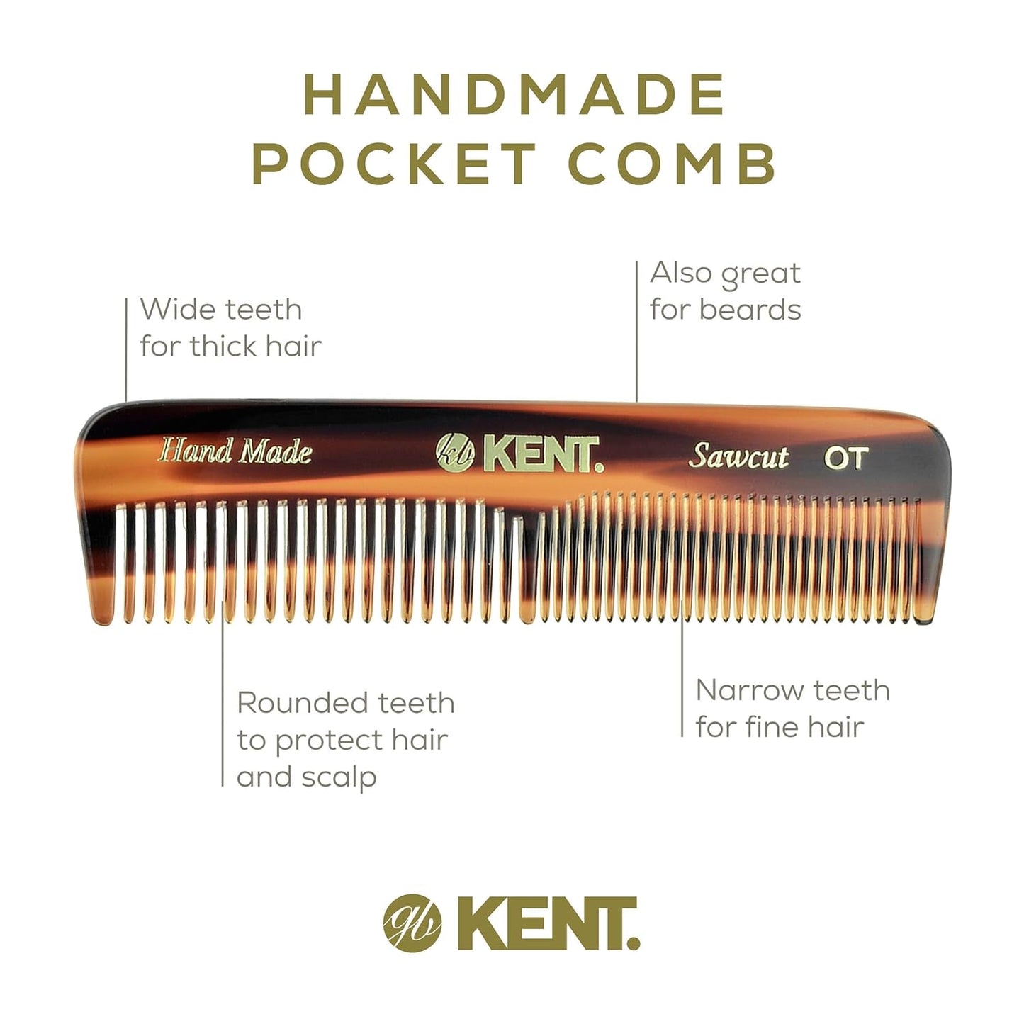 OT 4.4" Pocket Comb – Fine & Wide Tooth Handmade Comb for Hair, Beard, Mustache. Ideal for Travel. Saw Cut and Hand Polished.